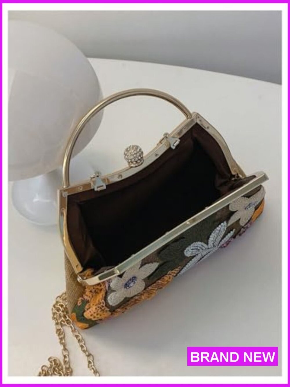 Floral Embroidery Clutch Purse Vintage Top Handle Handbag Kiss Lock Evening Bag - Picture 5 of 6